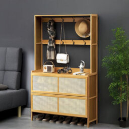 Darphe Natural Wood Entryway Shoe Cabinet With Rattan Doors Hooks Hats Bags Scarves Storage