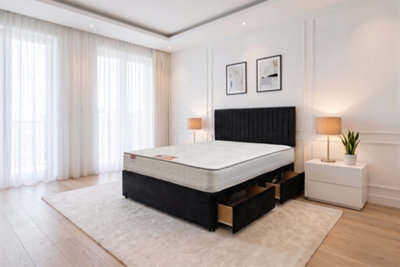 "Knight Sleep Emily Plush Bed Set With Mattress, 4 Drawers Same Side & 24""headboard, Black Plush, 4Ft6 - Double" - image 1