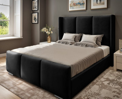 UKBEDFURNITURE Miami Wingback Black Plush Valvet Upholstered Bed Frame Only - Slatted Base - 48 Inch Headboard - image 1