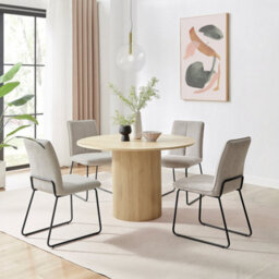 Furniturebox Uk Penrose Oak Effect Round Dining Table & 4 Light Grey Halle Chairs - thumbnail 1