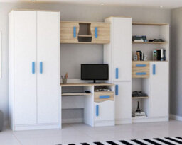 Mathias Youth Bedroom Furniture Set White/blue 5 Piece Wardrobe Desk Bookcase Wall Shelf And Storage