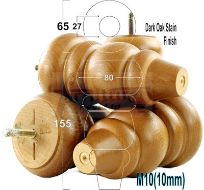 L&F Solid Wood Turned Furniture Feet 155mm High Dark Oak Stain Replacement Legs Set Of 4  M10 Pkc220 - image 1