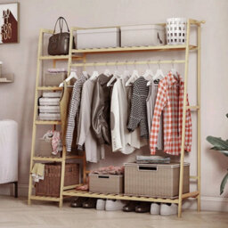 Wooden Clothes Rail Rack Garment Hanging Stand Open Wardrobe Shelf W/ Shoe Rack - thumbnail 3