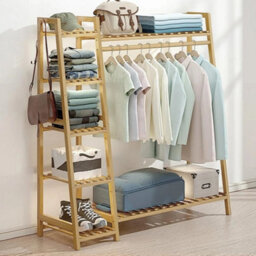 Wooden Clothes Rail Rack Garment Hanging Stand Open Wardrobe Shelf W/ Shoe Rack - thumbnail 4