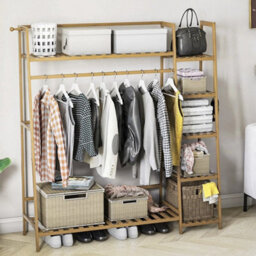 Wooden Clothes Rail Rack Garment Hanging Stand Open Wardrobe Shelf W/ Shoe Rack - thumbnail 5