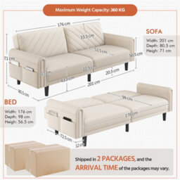 Yaheetech 3 Seater Convertible Sofa Bed For Limited Space- Beige - thumbnail 4
