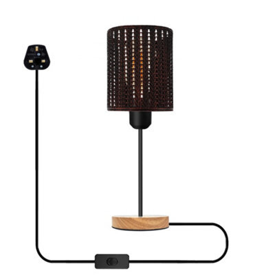 Modern Bedside Table Lamp With Wooden Stand, Metal Cage , On Off Switch ,  Rustic Red