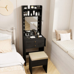 Costway 72Cm Slim Makeup Vanity Desk Dressing Table Set With Mirror And Lights-Black - thumbnail 5