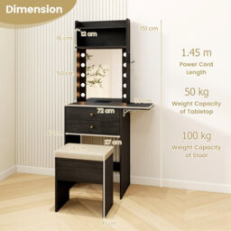 Costway 72Cm Slim Makeup Vanity Desk Dressing Table Set With Mirror And Lights-Black - thumbnail 3