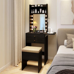 Costway 72Cm Slim Makeup Vanity Desk Dressing Table Set With Mirror And Lights-Black - thumbnail 4