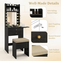 Costway 72Cm Slim Makeup Vanity Desk Dressing Table Set With Mirror And Lights-Black - thumbnail 9
