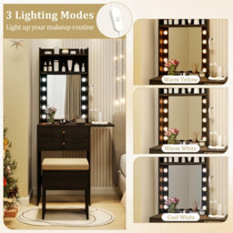 Costway 72Cm Slim Makeup Vanity Desk Dressing Table Set With Mirror And Lights-Black - thumbnail 7