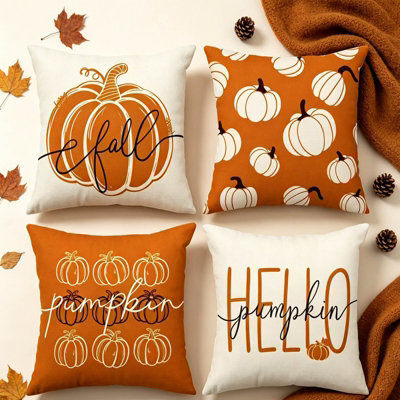 Amorly 4 Pack 45X45Cm Fall Cushion Cases, Minimalist Pumpkin Text Print, 2D Flat Design, No Inserts, Seasonal Indoor Home Decor - image 1