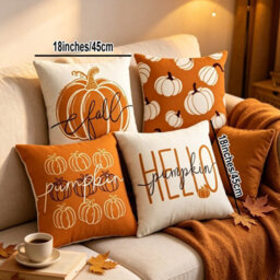 Amorly 4 Pack 45X45Cm Fall Cushion Cases, Minimalist Pumpkin Text Print, 2D Flat Design, No Inserts, Seasonal Indoor Home Decor - thumbnail 4