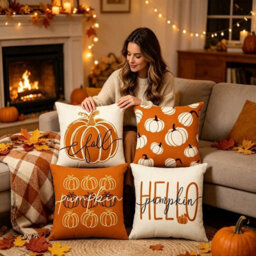 Amorly 4 Pack 45X45Cm Fall Cushion Cases, Minimalist Pumpkin Text Print, 2D Flat Design, No Inserts, Seasonal Indoor Home Decor - thumbnail 5
