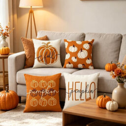 Amorly 4 Pack 45X45Cm Fall Cushion Cases, Minimalist Pumpkin Text Print, 2D Flat Design, No Inserts, Seasonal Indoor Home Decor - thumbnail 6