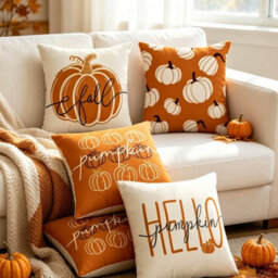 Amorly 4 Pack 45X45Cm Fall Cushion Cases, Minimalist Pumpkin Text Print, 2D Flat Design, No Inserts, Seasonal Indoor Home Decor - thumbnail 7