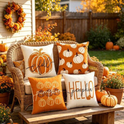 Amorly 4 Pack 45X45Cm Fall Cushion Cases, Minimalist Pumpkin Text Print, 2D Flat Design, No Inserts, Seasonal Indoor Home Decor - thumbnail 3