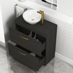Royal Bathrooms 800mm Floor Standing Vanity Unit 2 Drawer Hale Black & Countertop Basin - Breeze With Brushed Brass Handle - thumbnail 3