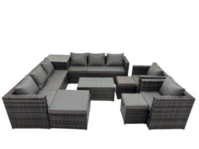 Fimous 11 Seater Garden Outdoor Rattan Furniture Set Patio Corner Sofa Rectangular Coffee Table With 3 Stools Dark Grey - image 1