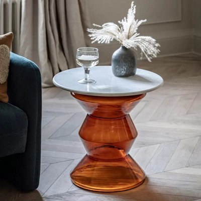 Xample Gallery Turin Orange Side Table White Marble Top Orange Glass Base Bronze Metal Accent Modern Living Room Accent Table - image 1