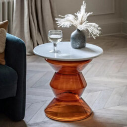 Xample Gallery Turin Orange Side Table White Marble Top Orange Glass Base Bronze Metal Accent Modern Living Room Accent Table