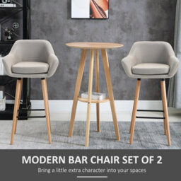Homcom 2 Pcs Upholstered Bucket Seat Bar Stools W/ Solid Wood Legs Beige - thumbnail 4