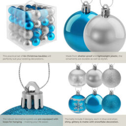 Tectake Christmas Baubles - 64-Piece Set In Silver And Blue  - Silver/blue - thumbnail 5