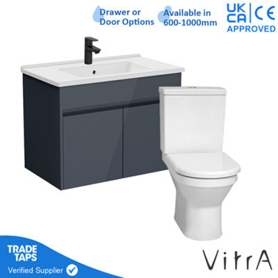 Vitra 800mm Wall Hung Bathroom Vanity Unit With 2 Doors Includes Basin, Black Tap And Close Coupled Toilet Set - Grey Gloss - image 1