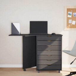 Walplus Rolling Cabinet With Desk Moss Grey Solid Wood Pine - thumbnail 3