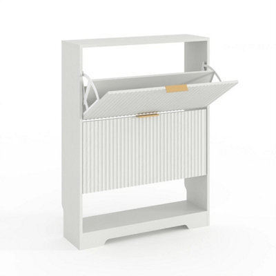 White Fluted Shoe Storage Cabinet With 2 Flip Drawers Shoe Rack - image 1