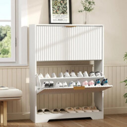 White Fluted Shoe Storage Cabinet With 2 Flip Drawers Shoe Rack - thumbnail 2
