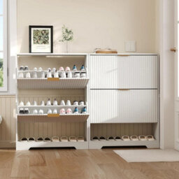 White Fluted Shoe Storage Cabinet With 2 Flip Drawers Shoe Rack - thumbnail 3