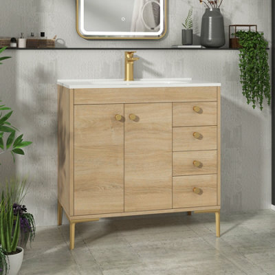 Royal Bathrooms Verona 800mm Natural Oak Floor Standing Bathroom Vanity Unit 2 Door, 4 Drawer Cabinet With Ceramic Basin & Brushed Brass Knob - image 1
