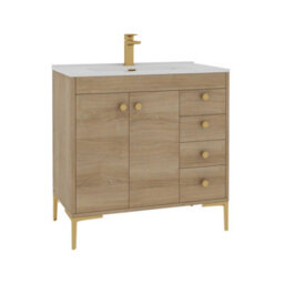 Royal Bathrooms Verona 800mm Natural Oak Floor Standing Bathroom Vanity Unit 2 Door, 4 Drawer Cabinet With Ceramic Basin & Brushed Brass Knob - thumbnail 7