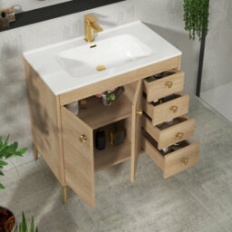 Royal Bathrooms Verona 800mm Natural Oak Floor Standing Bathroom Vanity Unit 2 Door, 4 Drawer Cabinet With Ceramic Basin & Brushed Brass Knob - thumbnail 6