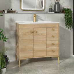 Royal Bathrooms Verona 800mm Natural Oak Floor Standing Bathroom Vanity Unit 2 Door, 4 Drawer Cabinet With Ceramic Basin & Brushed Brass Knob