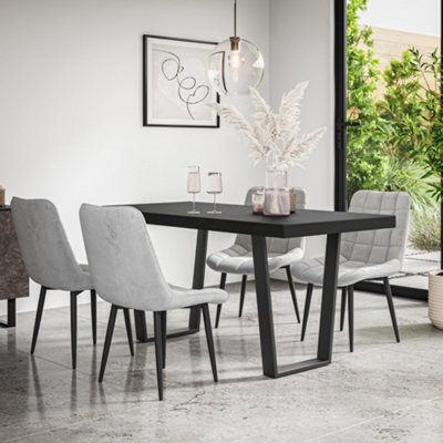More4Homes Aria Dining Table And Chairs -  Black Table Top W Black Legs + Nova Velvet Dining Chair Set Of 6 (Grey)