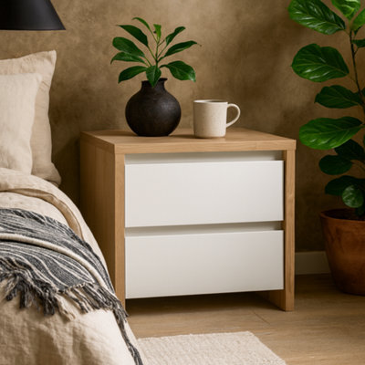 Wyld Haus Salzburg Bedside Table, White Gloss & Natural Oak Effect, 2 Drawers - image 1