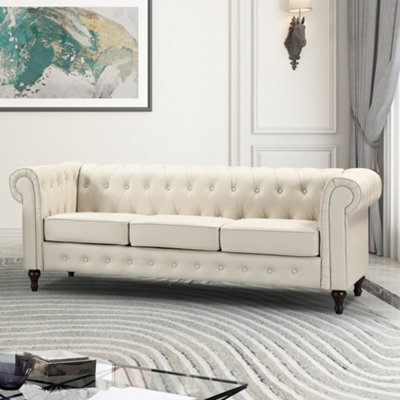 Richland 3 Seat Bonded Leather Chesterfield Sofa - Cream