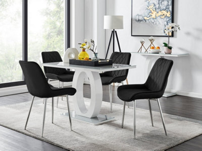 Furniturebox Giovani Rectangular 4 Seat White High Gloss Unique Halo Base Dining Table Grey Glass Top 4 Black Velvet Silver Leg Pesaro Chairs - image 1