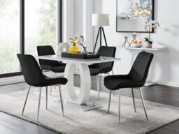 Furniturebox Giovani Rectangular 4 Seat White High Gloss Unique Halo Base Dining Table Grey Glass Top 4 Black Velvet Silver Leg Pesaro Chairs