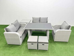Fimous Rattan Sofa Outdoor Furniture With Dining Table,side Table,love Sofa,2 Small Stools Patio Furniture Light Grey 7 Seater - thumbnail 1