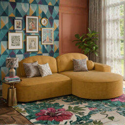 Corner Sofa Parma Pro Ball With Sleeping Function Stripy Fabric Mustard Right Side - thumbnail 2