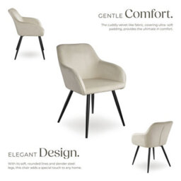 Tectake Set Of 4 Dining Chair Marilyn - With Armrests, Padded, Velvet Look, Black Steel Legs  - Cream/black - thumbnail 3