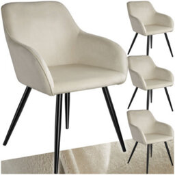 Tectake Set Of 4 Dining Chair Marilyn - With Armrests, Padded, Velvet Look, Black Steel Legs  - Cream/black