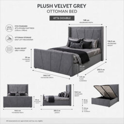 Harmin Luxury 4Ft6 Double Grey Plush Velvet Ottoman Sunshine Winged Bed - thumbnail 2
