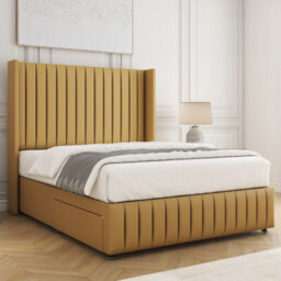 Bsspoke Luna Divan Bed Set Mustard Plush Velvet 54Inch Wingedback Headboard & Footboard & Mattress No Drawers In All Sizes - thumbnail 2