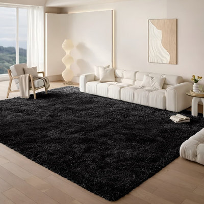 Aspire Homeware Non Slip Black Shaggy Rug Soft Fluffy Washable, Living Area And Bedroom Rug, (L)200Cm X (W)140Cm
