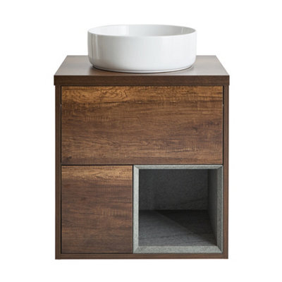 Homestylestore Dark Oak 600mm Wall Hung Bathroom Vanity Unit With Round Countertop Basin And Led Lights - image 1